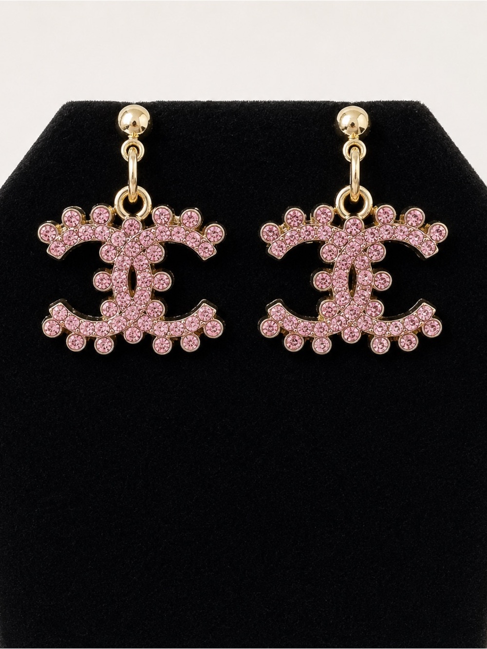 Chanel Gold-Tone Pink Crystal CC Drop Earrings